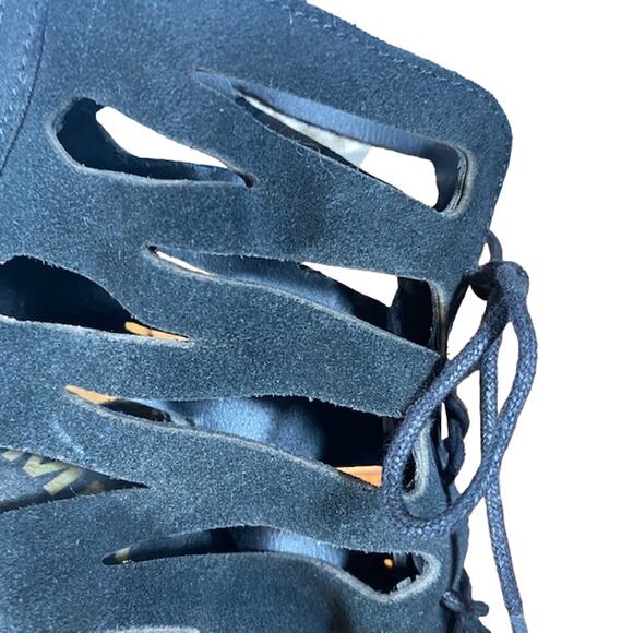 Mia Black Suede Caged Open Toe Lace Up Ankle Heels Women Sz 7 - Picture 12 of 12